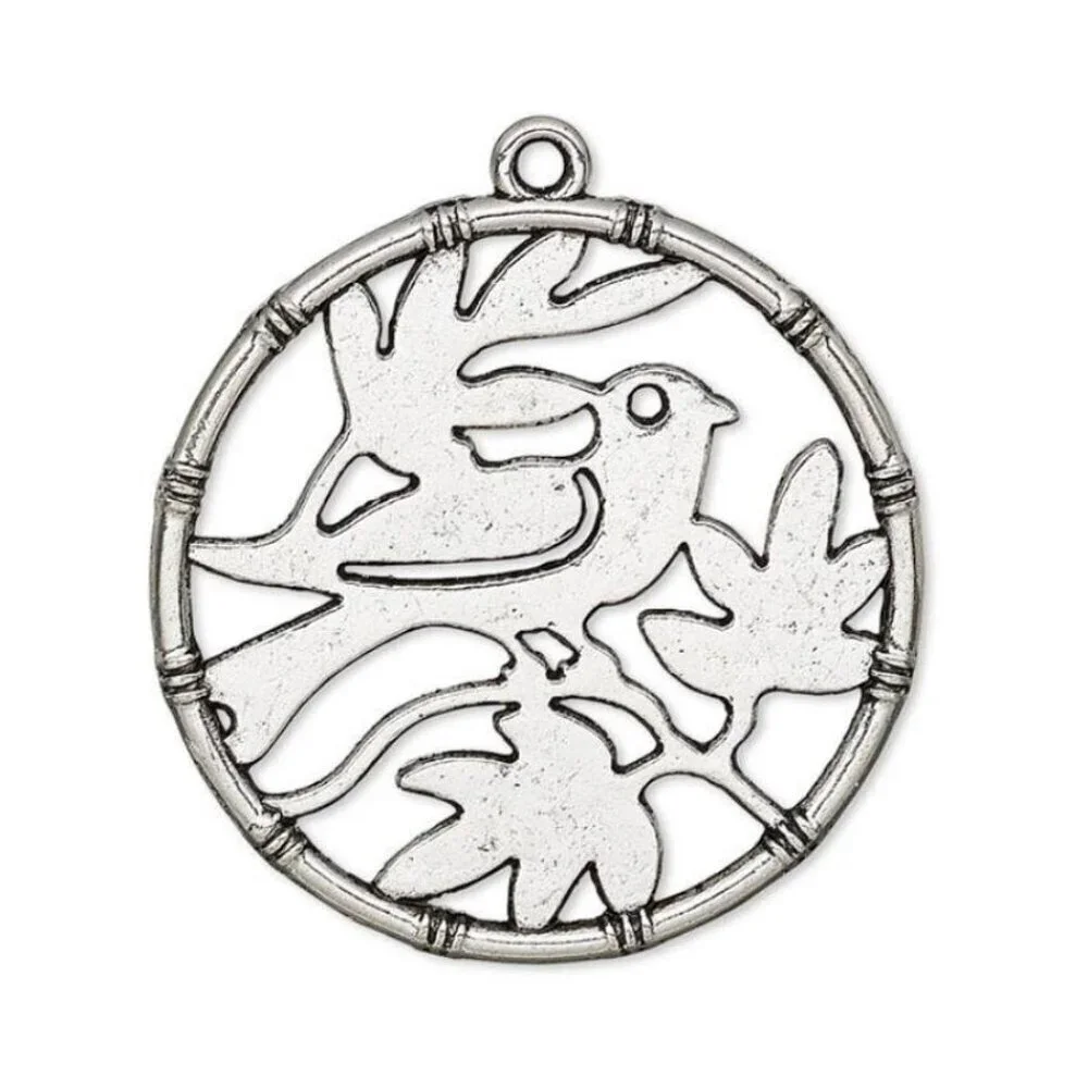 2 Large Antiqued Silver Pewter 32mm Peace Dove Bird on Tree Branches Pendants